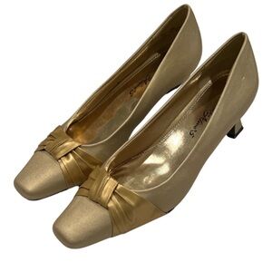 Easy Street Alive 5 Gold Satin Kitten Heel Pumps with Gold Pleated Overlay 9.5
